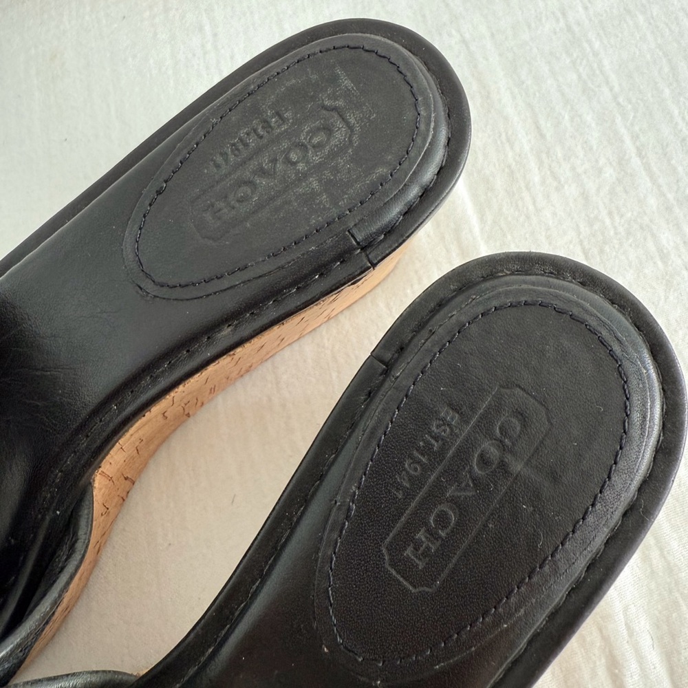 Coach Jazmin Black Leather & Cork Wedge Sandals - Picture 7 of 8